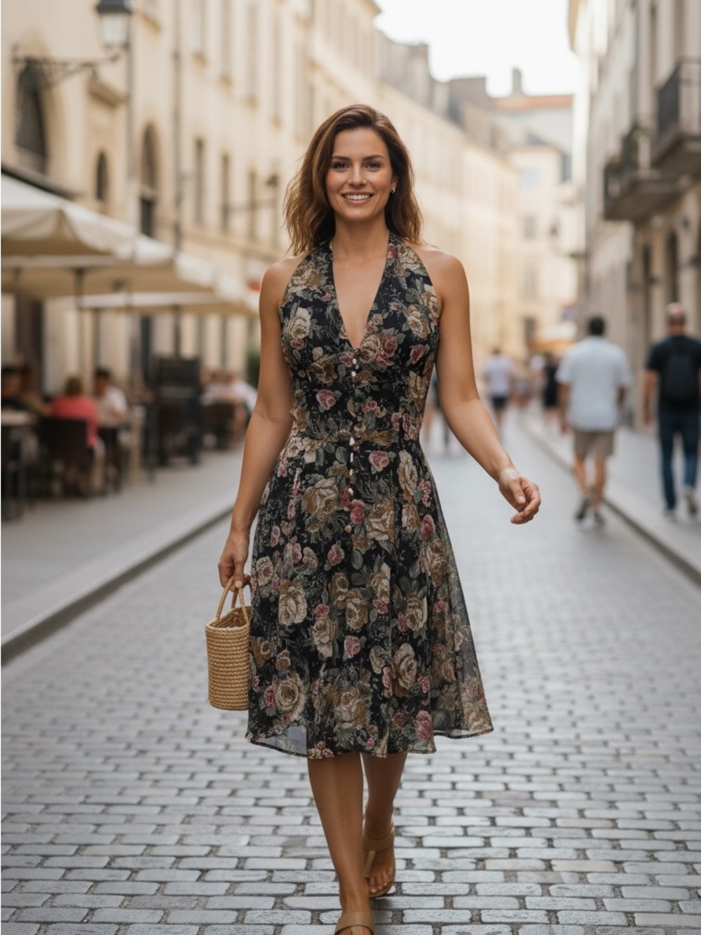 Mica Vintage Y2K Dark Floral Halter Dress Sheer Fit & Flare Romantic Cottagecore